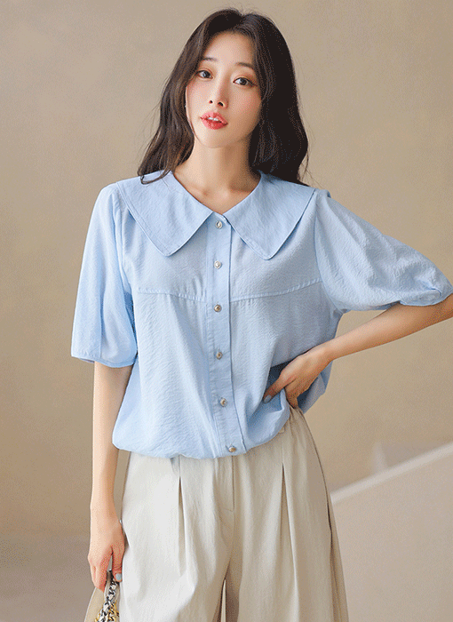 [Theonme] 빅카라 밑단 스트링 반팔 블라우스
