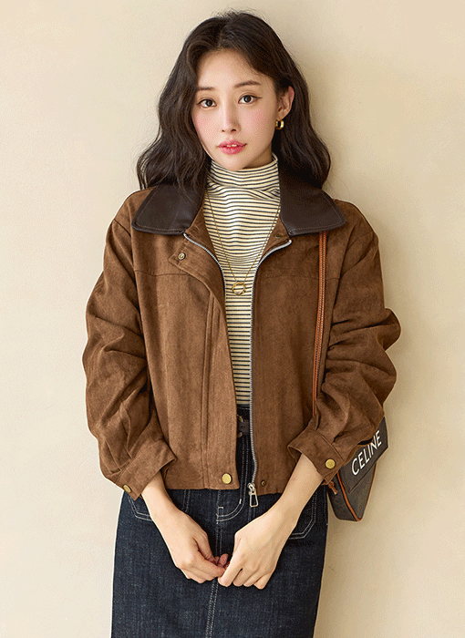 [Theonme] 스웨이드 레더 카라 배색 점퍼