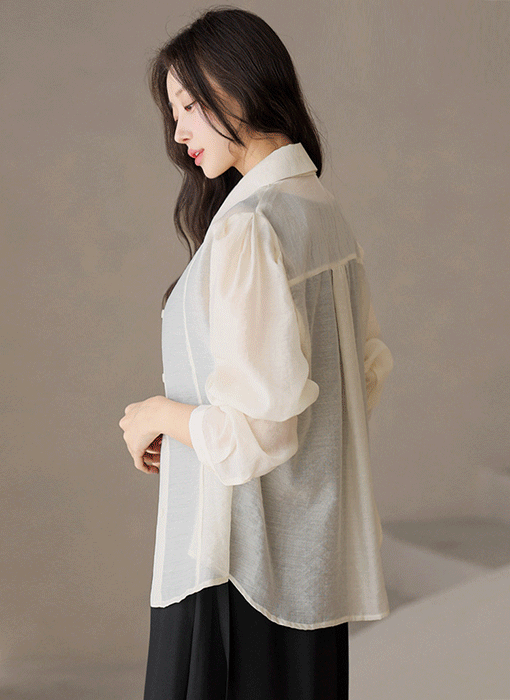 로로니 여리 시스루 카라 퍼프 블라우스