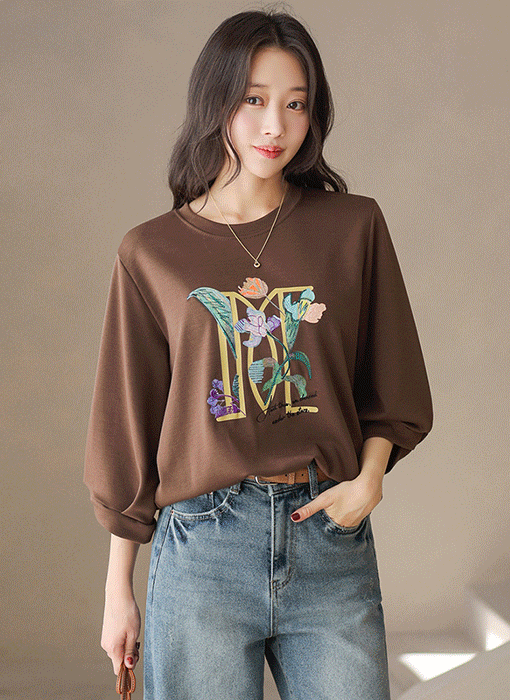 フラワーレタリング刺繍プリント7分袖Tシャツ ts47306