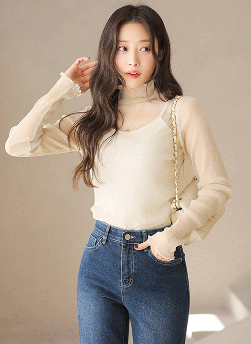 리메이 펄 믹스 웨이브 라인 시스루 폴라 티셔츠