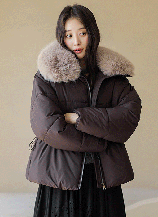 덴시아 퍼 카라 허리 스트링 웰론 미드 패딩 점퍼