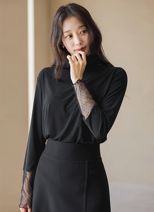 제이든 시스루 도트 배색 찰랑 텐션 터틀넥 티셔츠