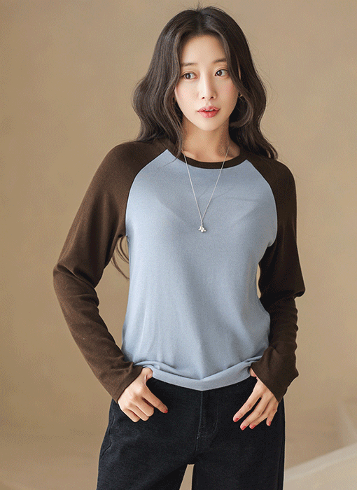 [Theonme] 배색 나그랑 라운드 긴팔 티셔츠